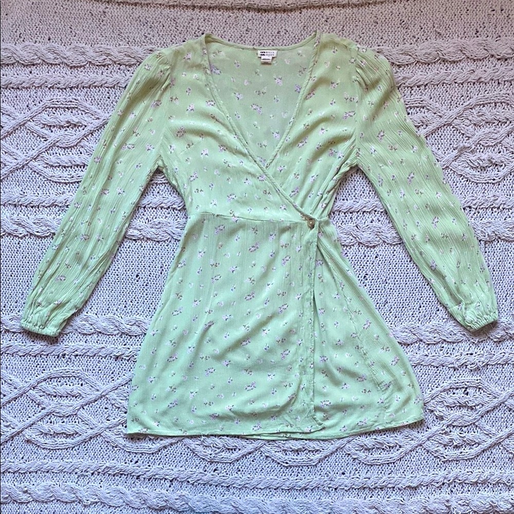 Billabong - Sage Green Floral Wrap Dress with Puff Long Sleeves